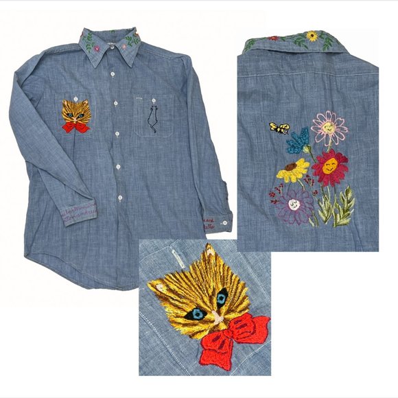 Vintage 1970s Chambray Button Down Shirt | Embroidered Floral + Cats Women's M/L - Picture 1 of 13
